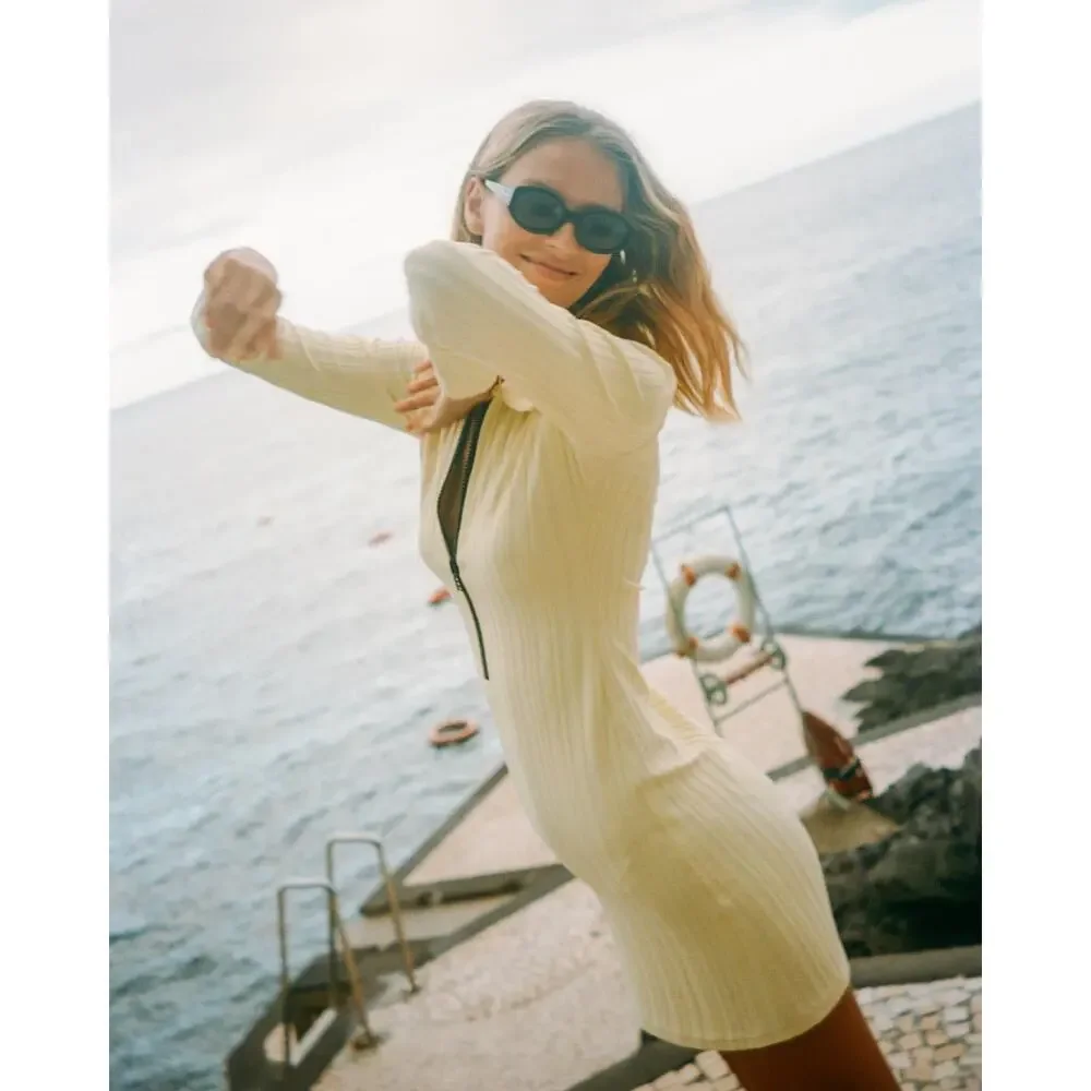 Solid & Striped Long Sleeve Ribbed Polo Zip Up Dress Mini In Blonde Rib NEW $198